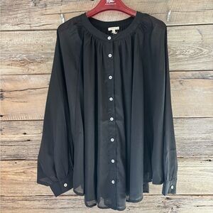 NWT JODIFL Black Chiffon Bat-wing Sleeve Button-Up Cape Blouse L